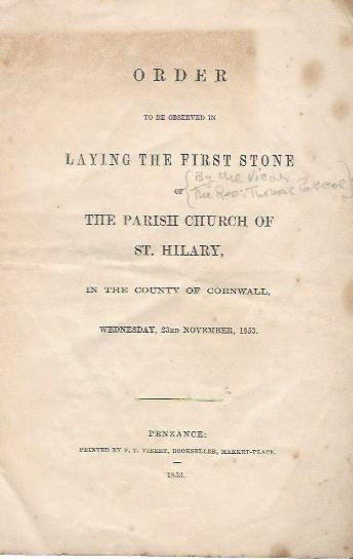 Order of service for the ‘Laying of the First Stone’ ceremony 23rd November 1853